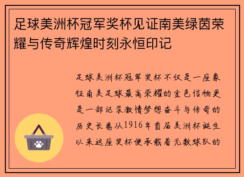足球美洲杯冠军奖杯见证南美绿茵荣耀与传奇辉煌时刻永恒印记